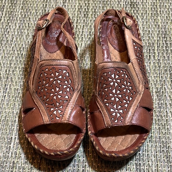 Ariat Shoes - Ariat Del Ray Brown Laser Cut Leather Floral Wedge Sling-Back Sandals